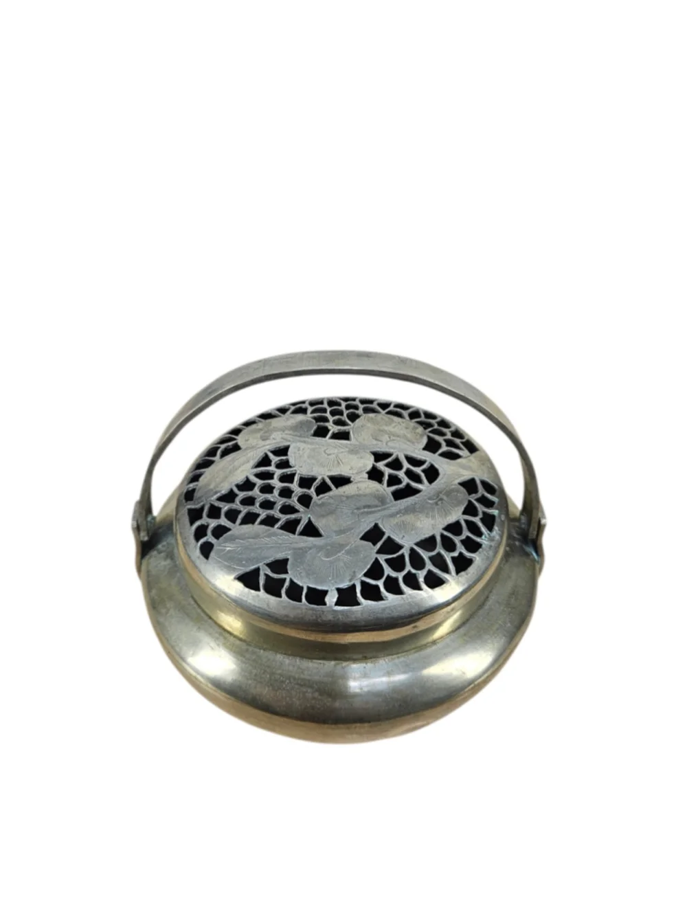 Vintage Chinese Brass Hand Warmer Pierced Lid Portable Coal Heater Basket
